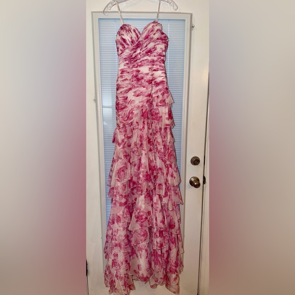 Chic Strapless Pink Floral Ruffle Prom Dress - Picture 5 of 7